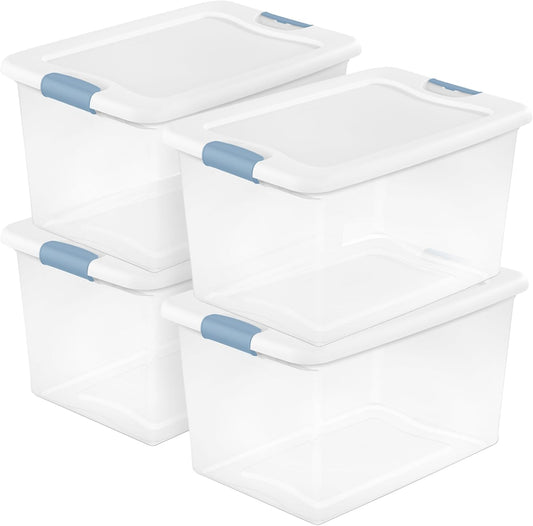 Sterilite 4-Pack 64 Quart Latching Box, Clear Plastic Storage Organizer Bins with White Lids - Large Stackable Containers for Home Bedroom, Dorm Room, and Closet Organization