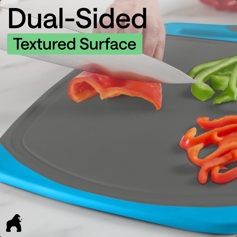 GORILLA GRIP BPA-Free Reversible Kitchen Cutting Board Set of 3, US Designed, Nonporous, Juice Grooves Catch Liquid, Slip Resistant Border, Dishwasher Safe, Durable Food Chopping Boards, Gray Aqua