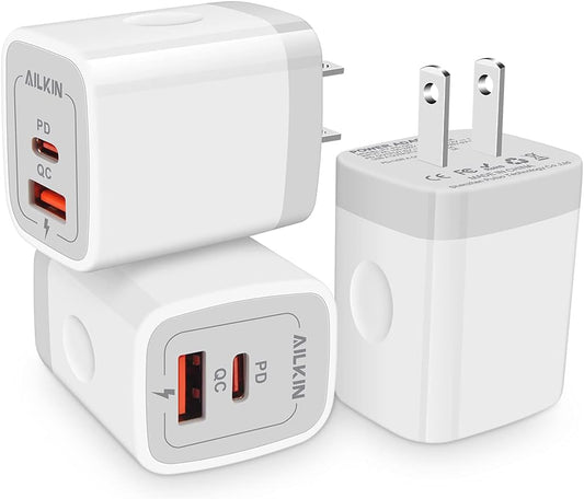 3Pack Dual Port USB-C Wall Plug-in USBC Charger, AILKIN 20W Power Delivery + QC3.0 USB A Double Port Fast Charging Block for iPhone 17 15 14 13 12 Pro Max 14 Pro Mini 16Pro Max 16 Plus 16E X XS Cube