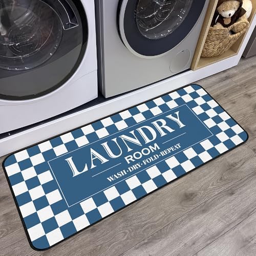 ROMAMIGO Laundry Room Rug Runner Non Slip Laundry Mats Mudroom Laundromat Runner Farmhouse Kitchen Floor Mat Bathroom Laundry Room Decor Accessories(20 X 47 inch, Blue Checkerboard)