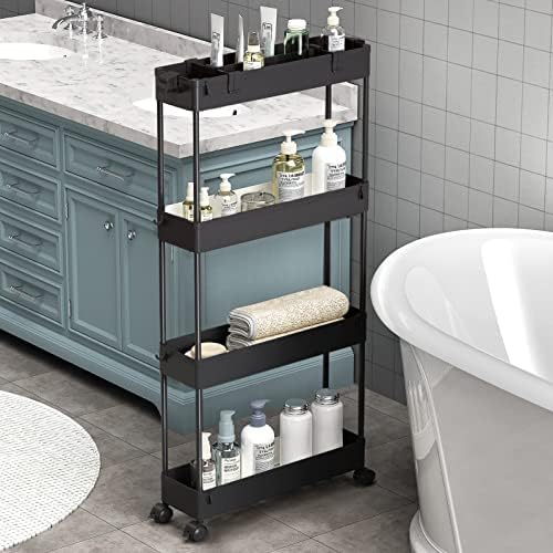 SPACELEAD Slim Storage Cart 4 Tier,Bathroom Organizer Rolling Utility,Mobile Shelving Unit Slide Out for Office, Kitchen, Laundry Room & Narrow Places,Black