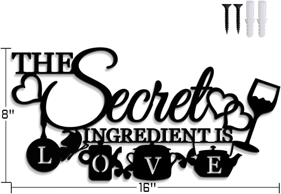 XORT The Secret Ingredient is Love Metal Wall Art Sign, Farmhouse Dining Room Kitchen Wall Decor Housewarming Gift Counter Pantry Sign. (Black -16 x 8 inch)