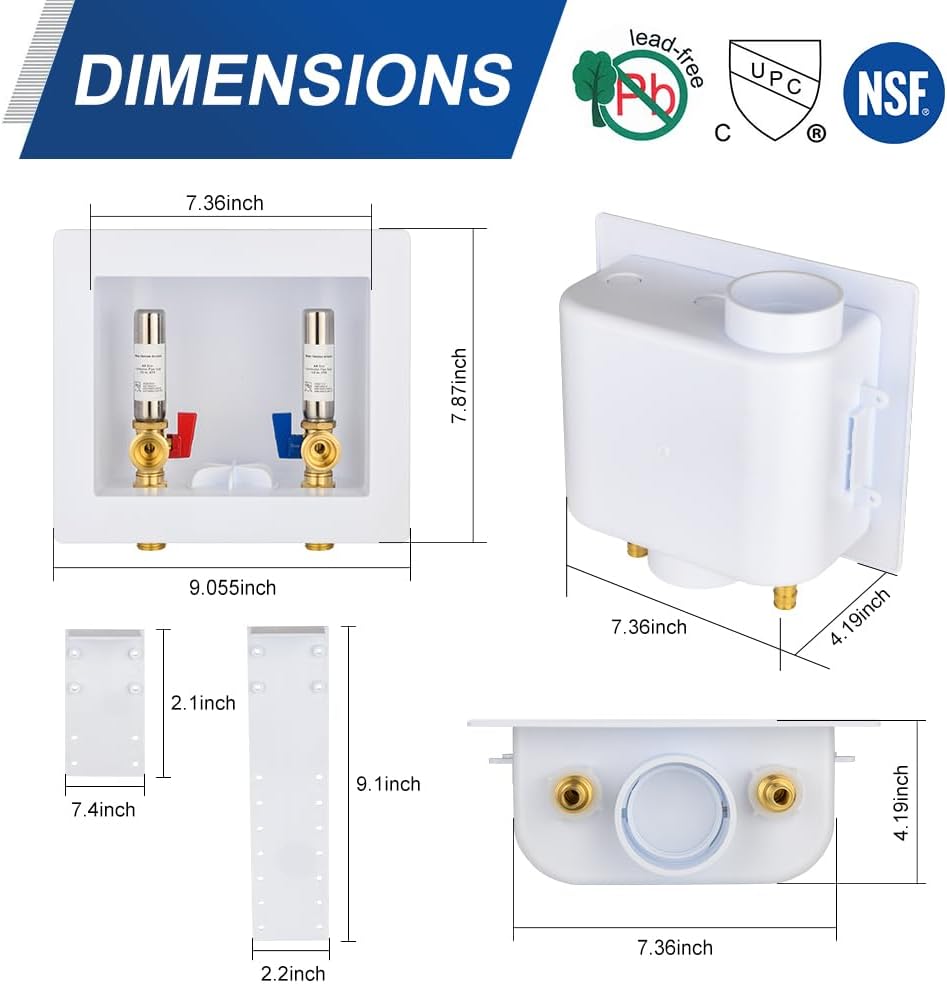 EFIELD Universal Washing Machine (Laundry) Outlet Box with Center Drain, 1/2-inch Sweat MIP Connection With Stainless Steel Water Hammer Arrestor,(WM051)