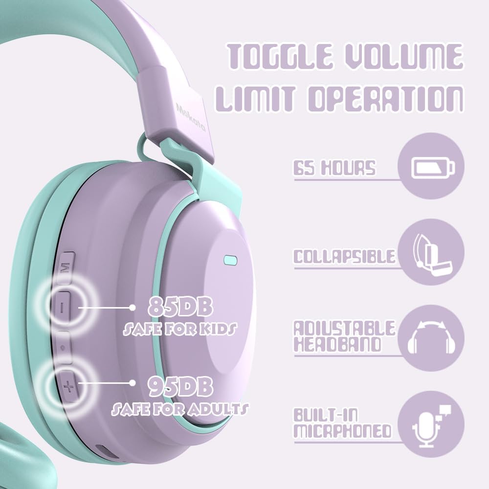Mokata Kids Headphones Bluetooth 5.3 Wireless Lightweight Fast Charging 68 Hours Play Time Volume Limited 85/94dB Over Ear Foldable with Built-in Mic for Toddler Tablet Pad Light Purple