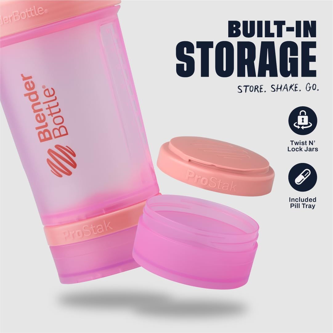 BlenderBottle Shaker Bottle with Pill Organizer and Storage for Protein Powder, Classic V2 ProStak System, 22-Ounce, Pink