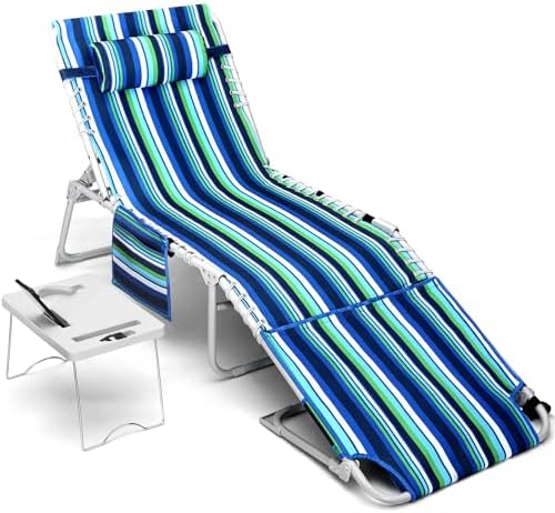 3-in-1 Beach Chair Face Holes, Lounge Chair Outdoor with Folding Side Table, 5-Position Recliner, Lay Flat, Removable Pillow, Heavy Duty, Max 330lbs, Poolside, Patio, Camping, Backyard Striped Blue