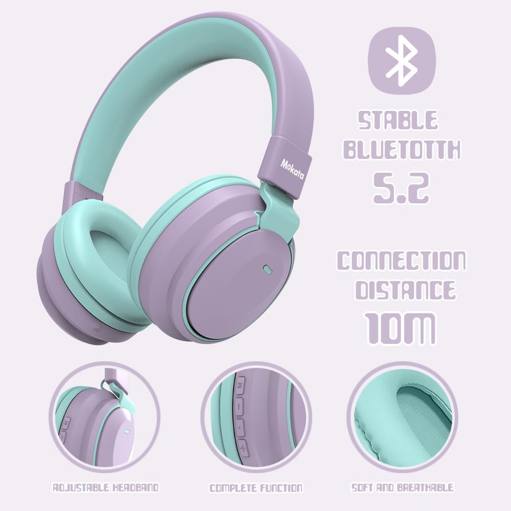 Mokata Kids Headphones Bluetooth 5.3 Wireless Lightweight Fast Charging 68 Hours Play Time Volume Limited 85/94dB Over Ear Foldable with Built-in Mic for Toddler Tablet Pad Light Purple