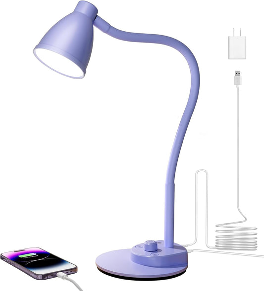 BOHON LED Desk Lamp with USB Charging Port, 3 Color Modes Dim, Lilac Purple