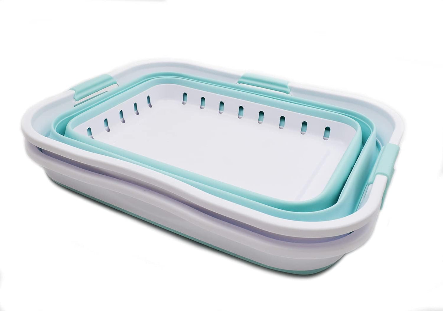 SAMMART 42L (11 gallon) Collapsible Plastic Laundry Basket - Foldable Pop Up Storage Container/Organizer - Portable Basket - Space Saving Hamper/Basket (2, White/Lake Green)