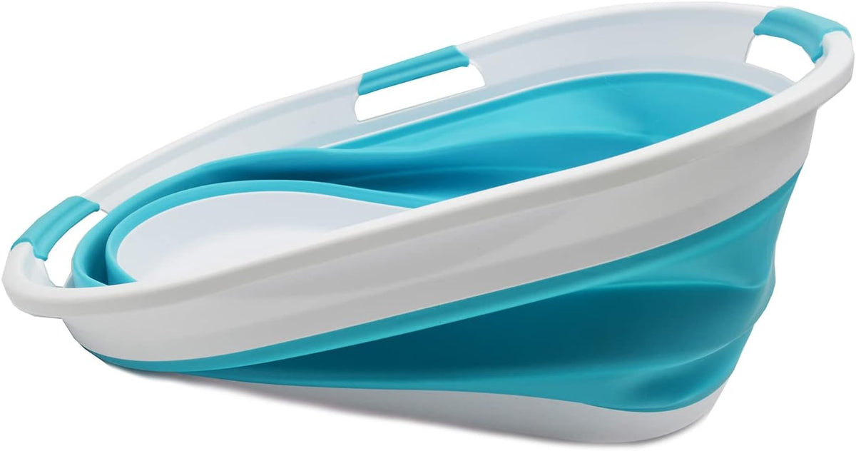 SAMMART 44L Collapsible Plastic Laundry Basket - Foldable Pop Up Storage Container/Organizer - Portable Washing Tub - Water Capacity: 35L (1, White/Bright Blue), Size : 25.4 x 17.8 x 10.6 inches