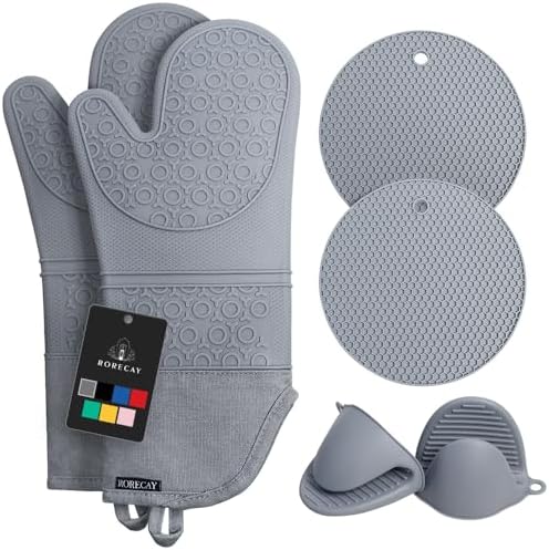 Rorecay 6pcs Oven Mitts and Pot Holders Sets for Kitchen, Extra Long Silicone Oven Gloves High Heat Resistant 500 Degrees Non-Slip Potholders Hot Pads for Baking Cooking, Grey
