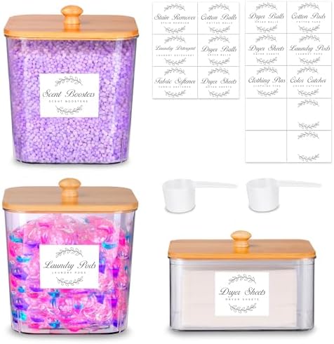 efluky 3 Pack Laundry Pods Container & Dryer Sheet Holder Set, Clear Laundry Room Organization Containers with Bamboo Lids and Labels, Detergent Pods Storage for Scent Booster, Powder