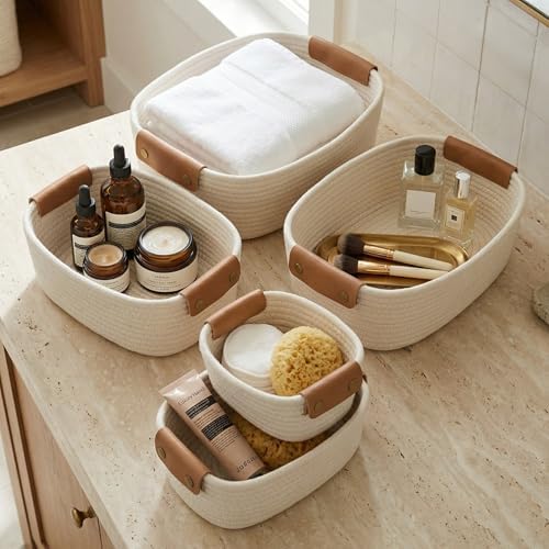 Beautiful Storage Basket Set of 5 - Sturdy Jute Rope Baskets for Shelves Are Perfect for Organizing Your Home - Quality Storage Bins Easily Fit With Any Nursery or Bedroom Decor