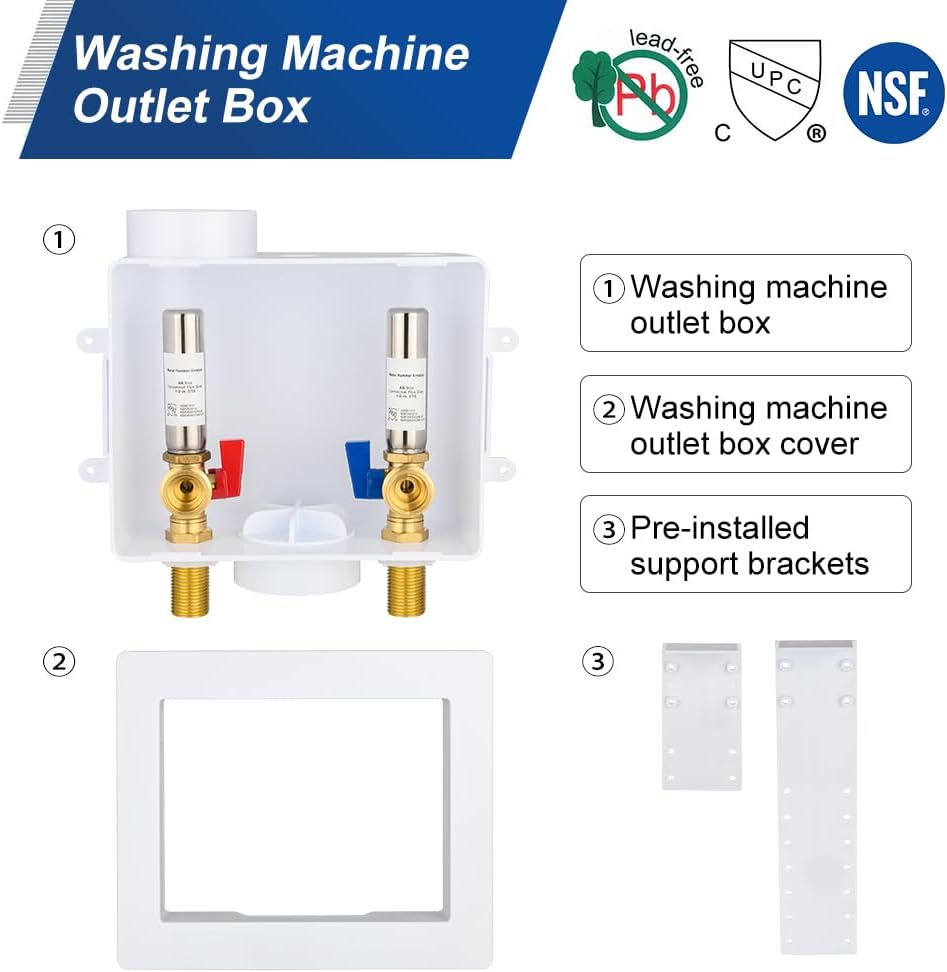 EFIELD Universal Washing Machine (Laundry) Outlet Box with Center Drain, 1/2-inch Sweat MIP Connection With Stainless Steel Water Hammer Arrestor,(WM051)