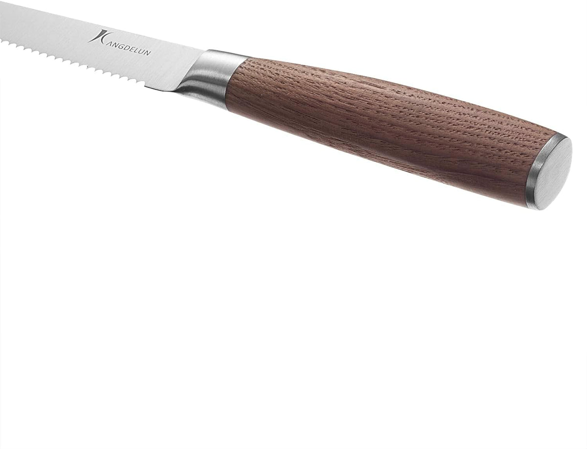 kangdelun Ultra Sharp 8-Piece Steak Knife Set, 4.5" Serrated Blades, 50Cr15MoV High-Carbon Stainless Steel, Torrefied Brown Ash Wood Handles, Magnetic Gift Box