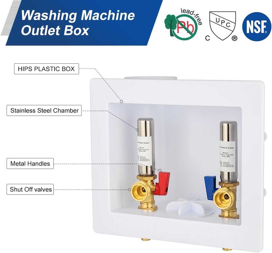 EFIELD Universal Washing Machine (Laundry) Outlet Box with Center Drain, 1/2-inch Sweat MIP Connection With Stainless Steel Water Hammer Arrestor,(WM051)