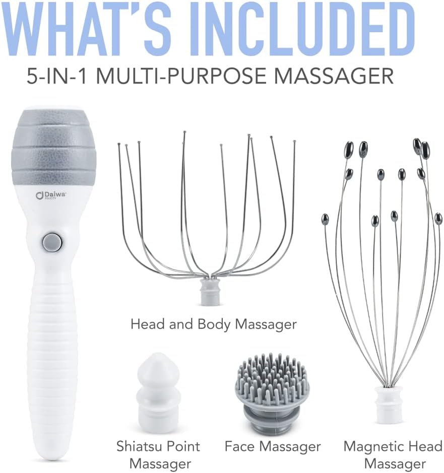 Daiwa Felicity 5-in-1 Electric Scalp Massager for Head, Face & Body – Handheld Vibrating Massager with Magnetic, Shiatsu & Facial Attachments for Relaxation, Stress Relief & Circulation Support
