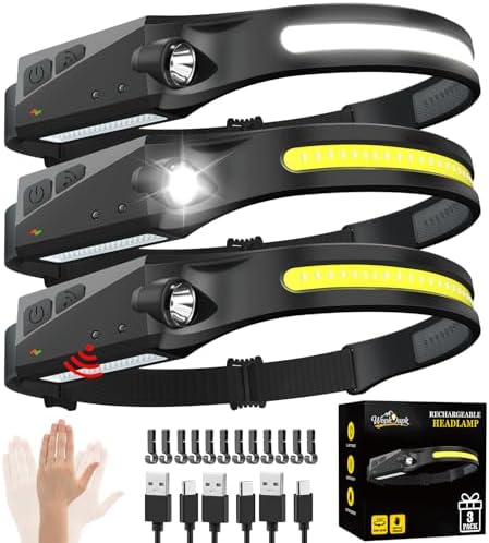 Rechargeable Headlamp 3PCS, 230° Wide Beam Head Lamp, Motion Sensor LED Headlamp Rechargeable, 5Mode Bright Headlamps for Adults, Head Lights for Forehead, Hard Hat Headlight, Camping Essentials Gear