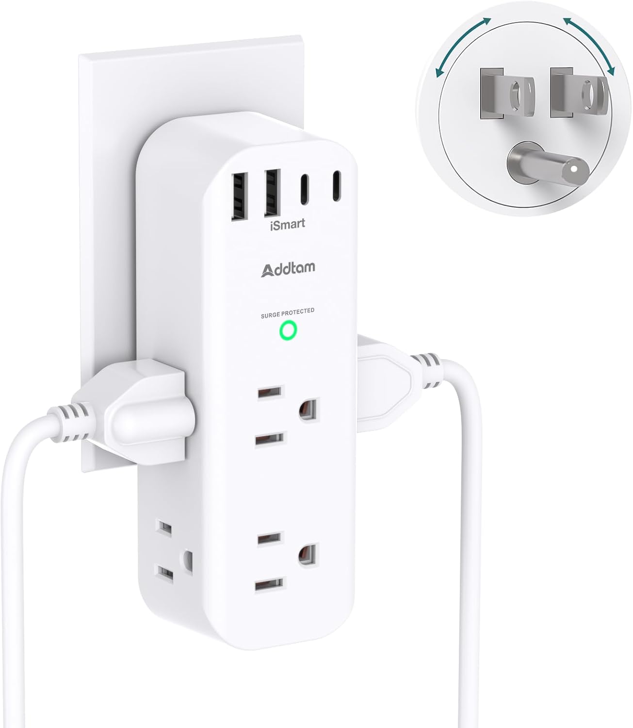 Surge Protector Wall Outlet Extender, Multi Plug Outlet with Rotating Plug, 6 AC Outlets 4 USB Ports (2 USB C), 1800J, 3-Side Power Strip Wall Mount, Outlet Splitter for College Dorm Travel Essentials