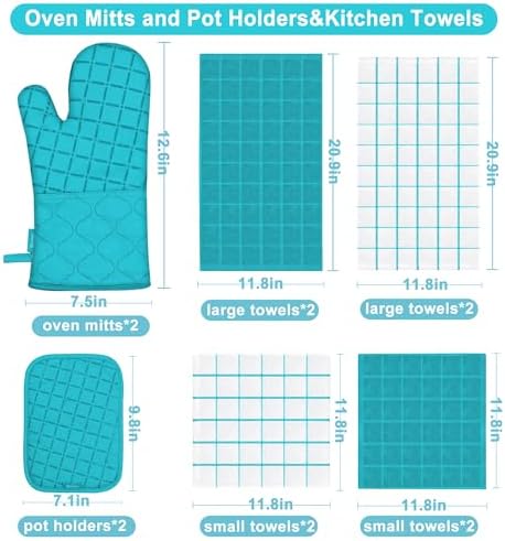 Oven Mitts Kitchen Towels and Dishcloths Pot Holders Sets, Oven Gloves Kitchen Dish Towels 500 Degree Heat Resistant Potholders with Non-Slip Silicone Surface for Cooking, Grilling, Baking-Blue
