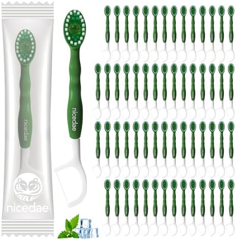 Disposable Mini Travel Toothbrush Bulk with Toothpaste 5in1 60Ct Portable Toothbrushes Set Floss Pick Tongue Scraper Cruise and Travel Essentials (Green)
