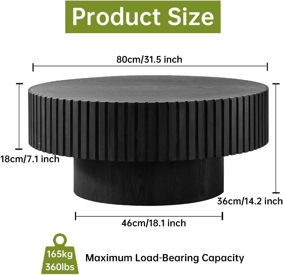 Round Fluted Coffee Table (Circle Black 31.5in) | Round Drum Coffee Table for Living Room | Modern Circular Pedestal Center Table