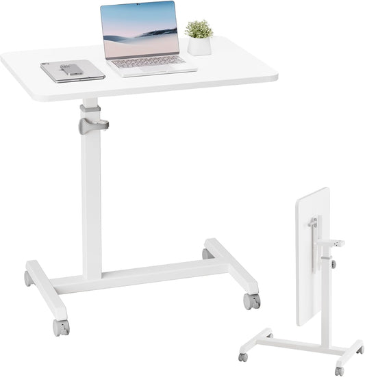 GTPLAYER Small Standing Desk, 24 Inches Foldable Mobile Rolling Laptop PC Table with Lockable Casters, Adjustable Height Overbed Bedside Table Computer Workstation for Home Office, White-Foldable