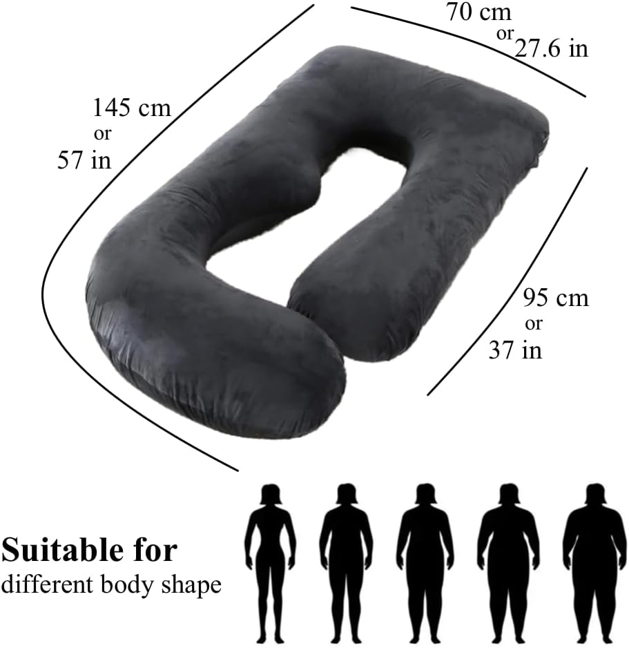 ALLOPERA 57 Inch Pregnancy Pillow for Sleeping, Full Body Support Pillow with Removable Washable Cover for Maternity Comfort, Black Grey Velvet Cover