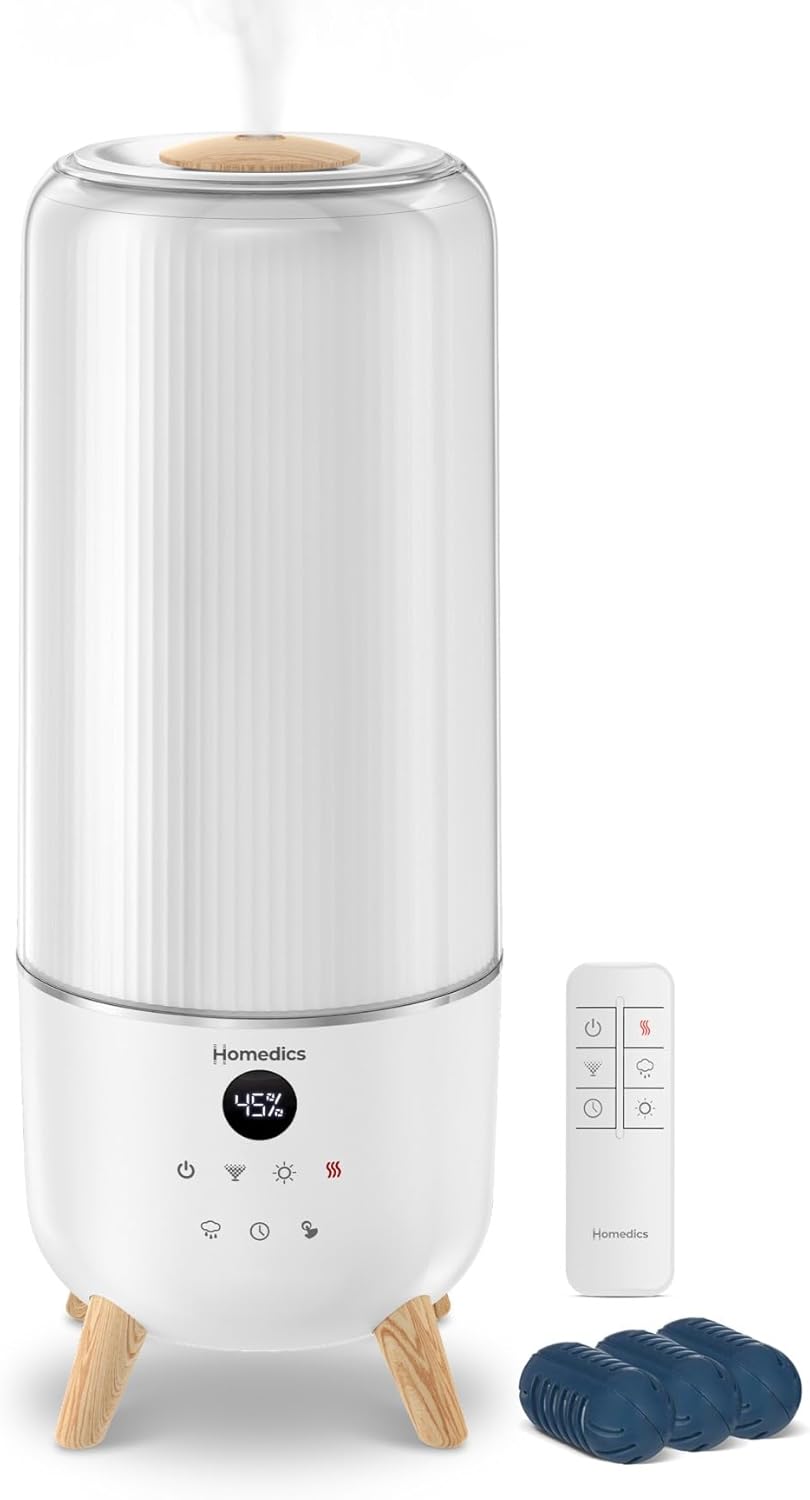 Homedics Cool Mist Ultrasonic Humidifier for Bedroom, Large Room Humidifier, Top-Fill 1.47-Gal Tank, Essential Oil Pads, Built-In Timer, 3 Mist Settings, Air Humidifier for Home, Office, Plants