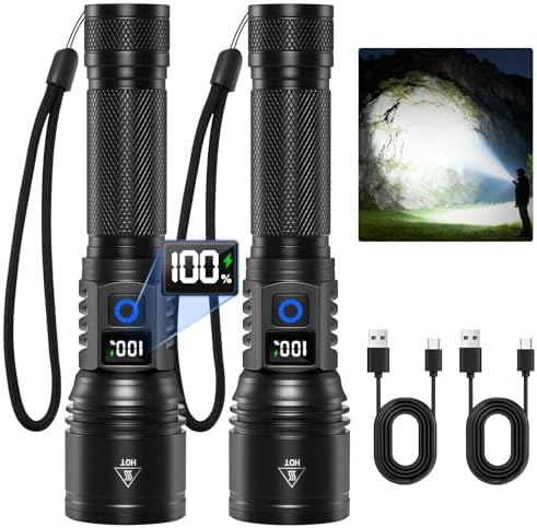 Rechargeable Flashlights High Lumens 2Pack, 5Modes Super Bright Flashlight Rechargeable, LED Flashlight Powerful, Handheld Tactical Flash Lights for Home Emergencies Camping Essentials, Gifts for Men
