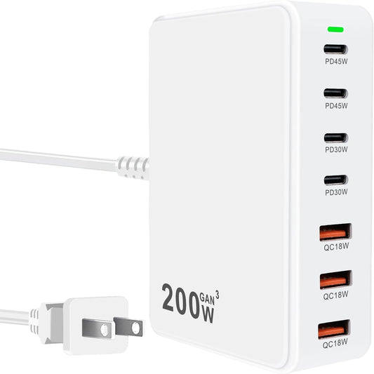 USB C Charger Block 200W USB C Charger Block, Upgraded GaN 7-Port Fast Charging Station Hub for Multiple Devices