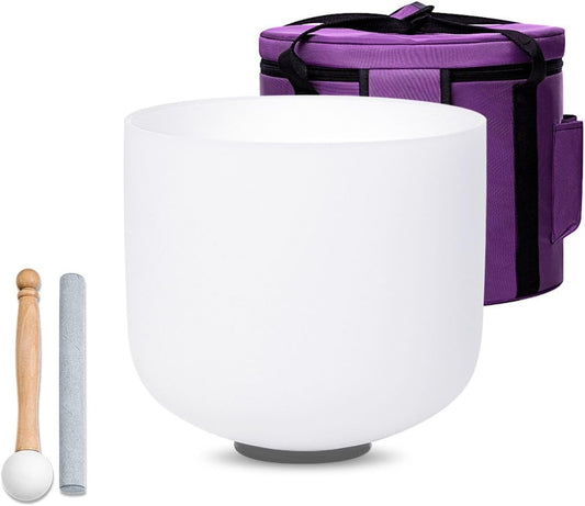 White 432hz 8 inch F Note Heart Chakra Quartz Crystal Singing Bowl, for Healing Mindfulness Meditation Yoga Sound Baths, with Case Rubber Mallet