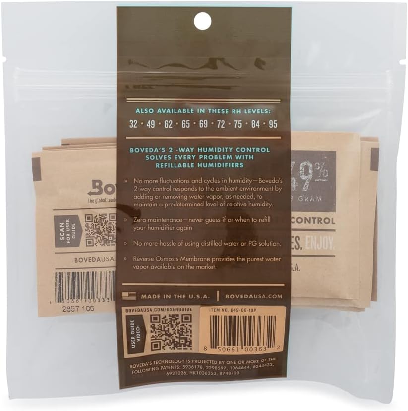 Boveda 49% Two-Way Humidity Control Packs for Music Bows & Small Woodwinds – Size 8 – 10 Pack – Moisture Absorbers for Small Instrument Cases – Humidifier Packs – Hydration Packets in Resealable Bag