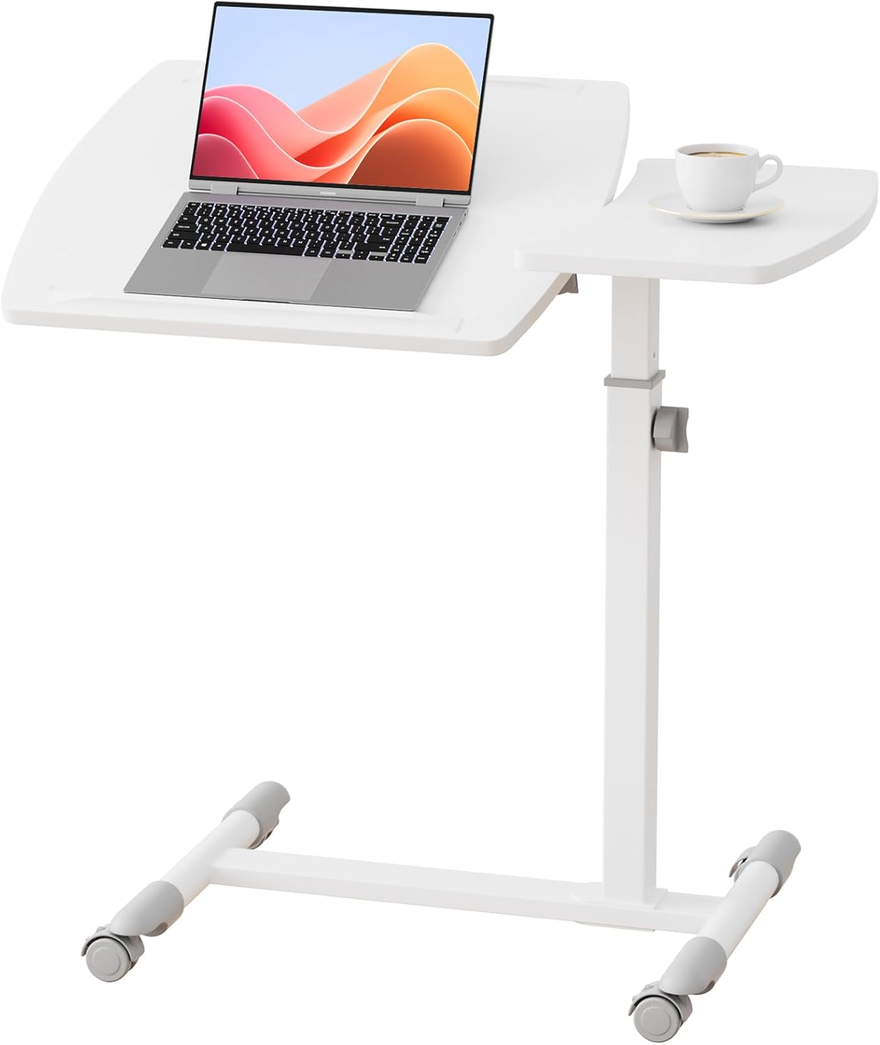 GTPLAYER Small Standing Desk, 24 Inches Mobile Rolling Laptop PC Table with Lockable Casters, Adjustable Height Overbed Bedside Table Computer Workstation for Home Office, White-Fixed