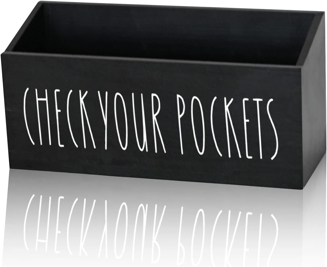 Pocket Treasures Holder, Laundry Room Organization, Magnetic Laundry Money Coin Caddy, Farmhouse Check Your Pockets Sign Bin Box Wall Mount, Laundry Storage Organizer Decor Container (Black)