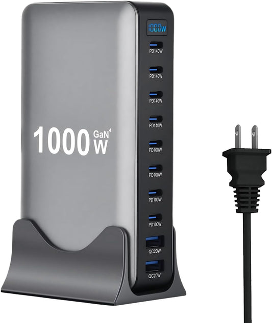 1000W USB C Fast Charger Block, 10 Ports GaN IV Pro USB Chagring Station, 140W PD QC HUB for Multiple Devices, Laptop Adapter Compatible with MacBook Pro/Air iPad iPhone Pro Max, Galaxy, Dell, HP