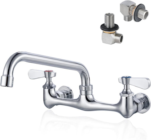 8 Inch Center Wall Mount Commercial Sink Faucet - 8" Swivel Spout Utility Faucet, Dual Handle Chrome Brass for Restaurant/Laundry/Utility Room Kitchen Sinks