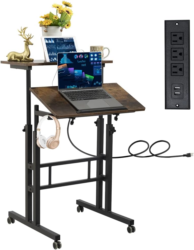 Hadulcet Mobile Standing Desk with Charging Station, Adjustable Standing Computer Desk, Standing Adjustable Laptop Cart with Wheels for Home Office Classroom Vintage Oak