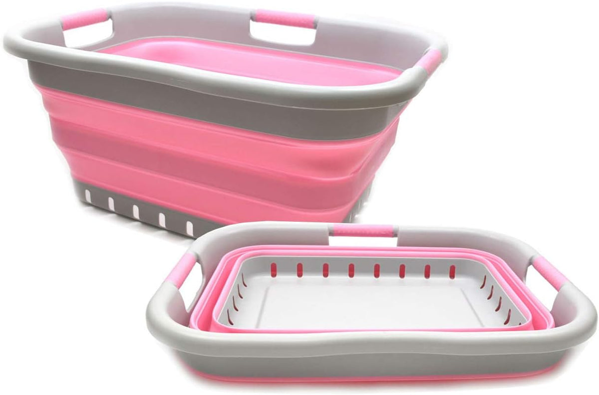 SAMMART 41L (10.8 gallon) Set of 2 Collapsible 3 Handled Plastic Laundry Basket-Foldable Pop Up Storage Container/Organizer-Space Saving Hamper/Basket (2, Grey/Pink)