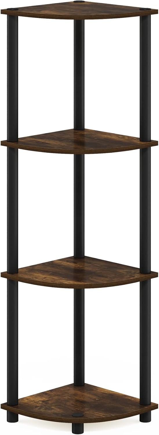 Furinno TURN-N-TUBE Corner Shelf, 4-Tier Corner Bookshelf, Display Storage Shelves with Open Shelves, for Organization and Storage, Living Room, Home Office, Garage, Amber Pine