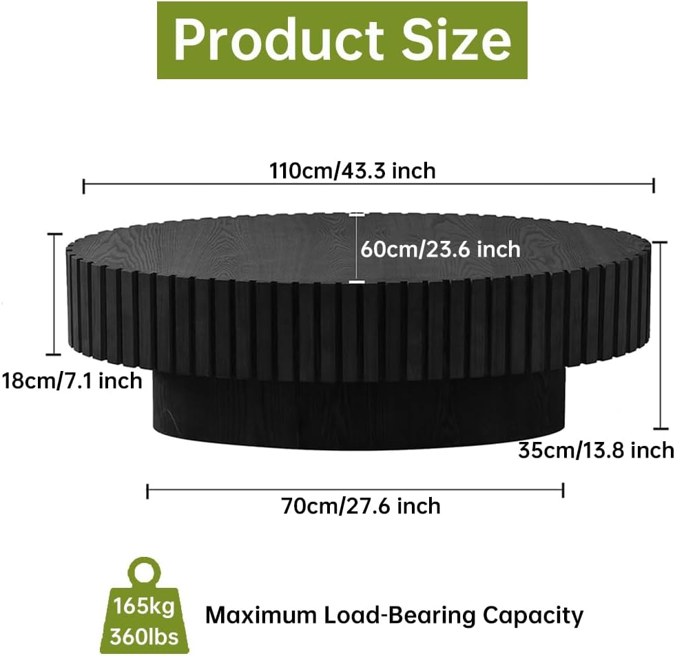 43.3in Oval Fluted Coffee Table (Oval Black 43.3in) | Drum Coffee Tables for Living Room | Modern Pedestal Center Table