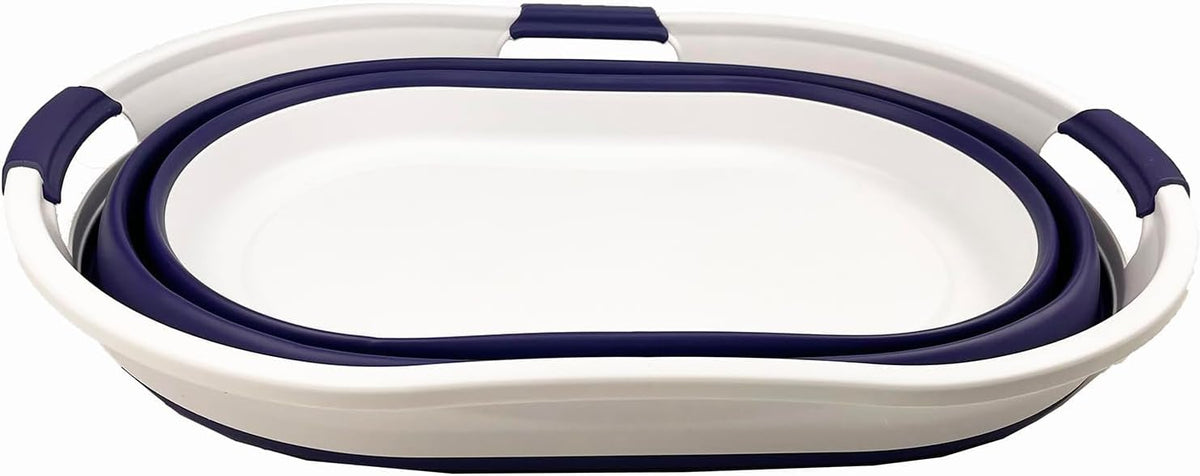 SAMMART 44L (11.6 Gallon) Collapsible Plastic Laundry Basket - Foldable Pop Up Storage Container/Organizer - Portable Washing Tub - Water Capacity: 35L(9.2 Gallon) (1, White/Navy Blue)