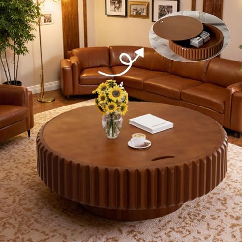 39.4" Brown Round Fluted Storage Coffee Table | Round Drum Coffee Table with Storage Handcrafted Solid Wood Fluted Edge, Sturdy Cylindrical Base for Living Room Apartment