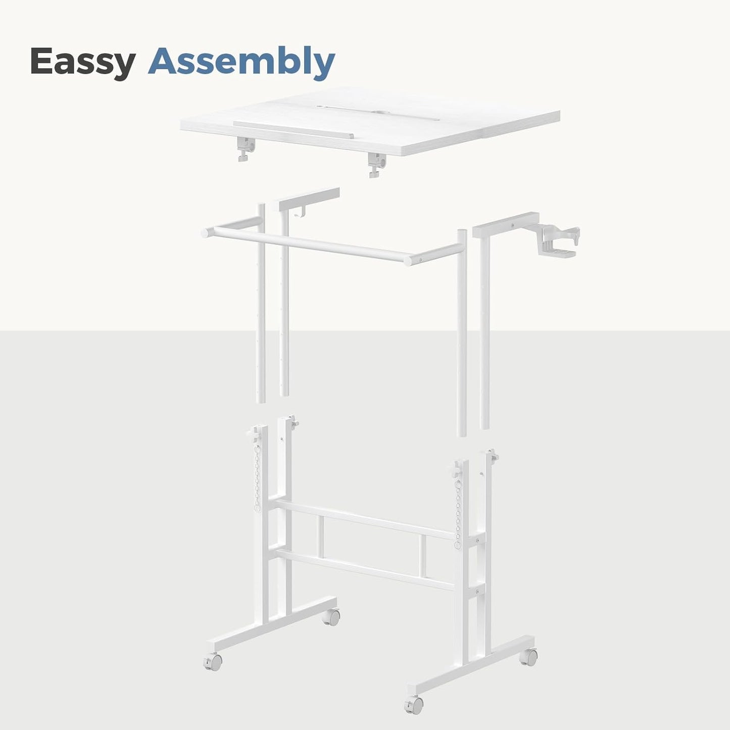 DUMOS Split Top Rolling Standing Desk 23.6 Inch Mobile Laptop Workstation Manual Height Adjustable Sit Stand Office Table Walking Pad Study Surface Portable Home Office Computer Cart White