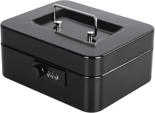 KYODOLED Cash Box with Combination Lock Safe Metal Money Box with Money Tray for Security Lock Box 7.87"x 6.30"x 3.35" Black