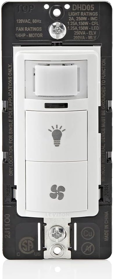 Leviton Dual Combination Humidity Sensor with Separate Light Switch, Automate Bathroom Exhaust Fan, Air Circulation, Moisture Control, Single Pole/Single Pole, ¼ HP, DHD05-1LW, White