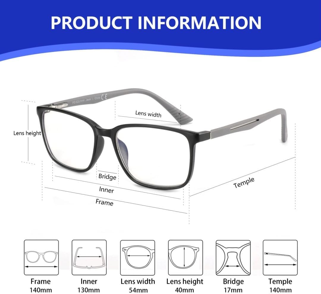 BLUEMOKY Blue Light Reading Glasses for Men，Sport Square Frame Readers, Anti Glare Computer Glasses