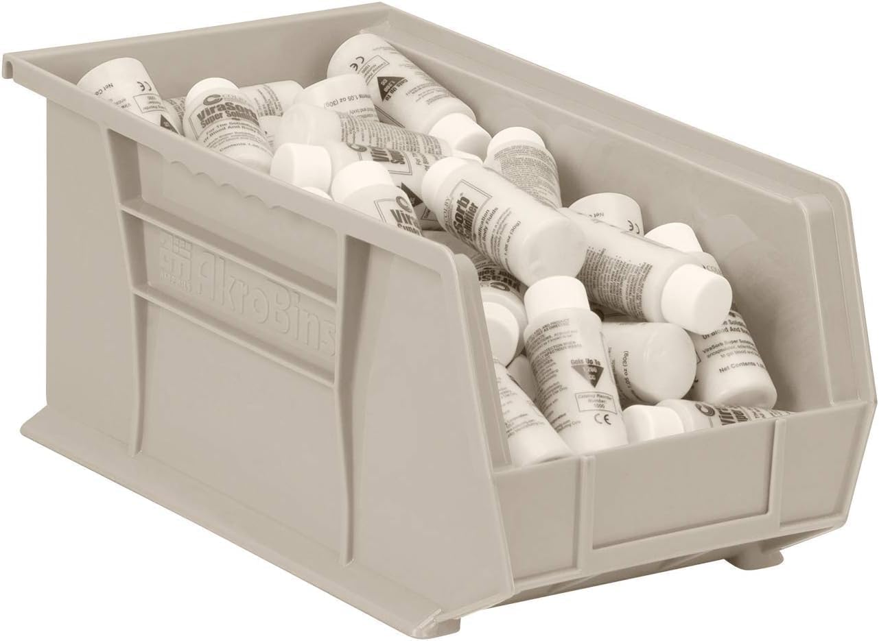Akro-Mils 30240 AkroBins Plastic Storage Bins, 15"x8"x7", Stone, 12-Pack | Space-Saving Stackable Bins for Garage, Pantry, Craft Organization