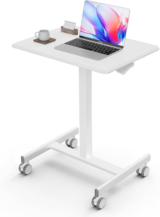 DUMOS Small Rolling Desk Mobile Standing Portable Laptop PC Table with Wheels Adjustable Height Computer Workstation for Home Office, Space Saving Desk for Bedroom Study Use, White