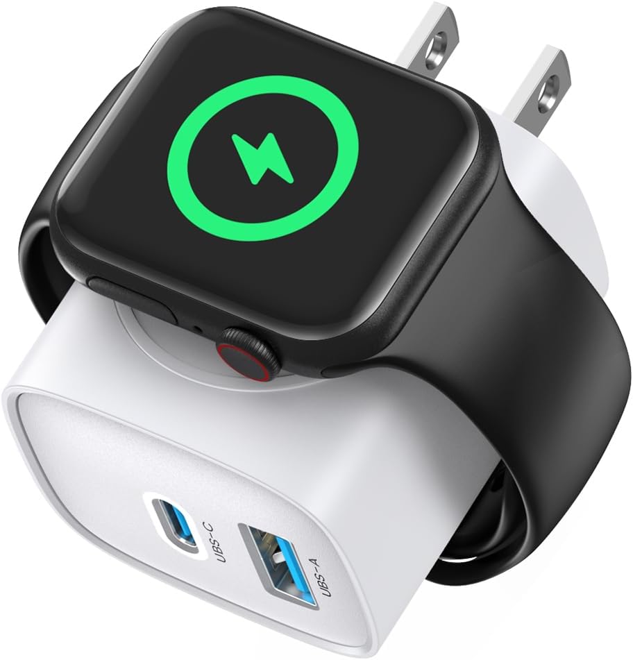 TOPADRE PD 20W USB C Charger Block for Apple Watch,3-in-1 Charging Station with Built-in Wireless Charger, Dual Ports Compatible with Apple Watch, iPhone, AirPods, White